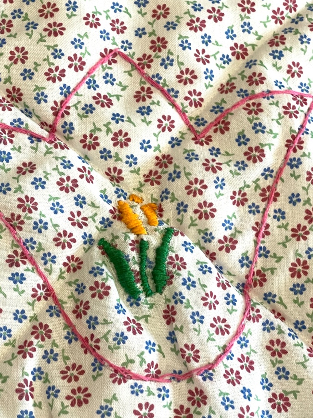 Handmade Quilt Whimsical Red Off White Blue Embroidered Flower Lap Child Size - Picture 10 of 15